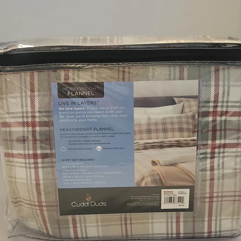 Cuddl Duds NWT Plaid Cream Cranberry Gray  Heavyweight Flannel Twin Sheet Set